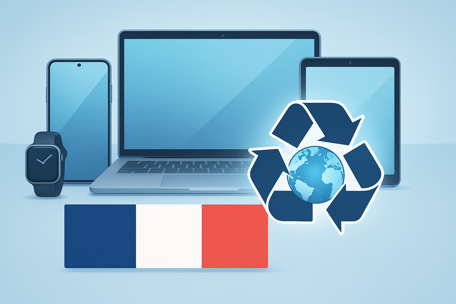 recentre moi le drapeau français ainsi que la planète au centre complet de limage, ils doivent prédominants et en premier plan devant les produits multimedias