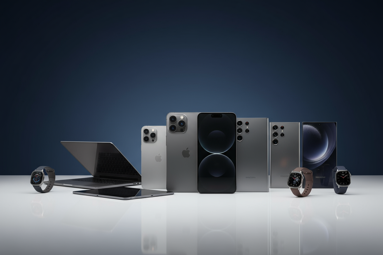 Une composition épurée et minimaliste présentant les derniers produits high-tech haut de gamme — iPhone 16 Pro, iPhone 16 Pro Max, Samsung Galaxy S25 Ultra et S25, MacBook Pro, MacBook Air, iPad Pro et montres connectées modernes — disposés harmonieusement sur une surface lisse.
Éclairage doux de type studio, mettant en valeur les lignes et matériaux premium (aluminium, verre, titane).
Fond dégradé bleu nuit ou bleu marine, ambiance sobre et professionnelle.
Pas de personnes, pas de texte, pas de logo.
Styl